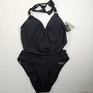 Bar III Black Halter Neck Draping One Piece Swimsuit XS